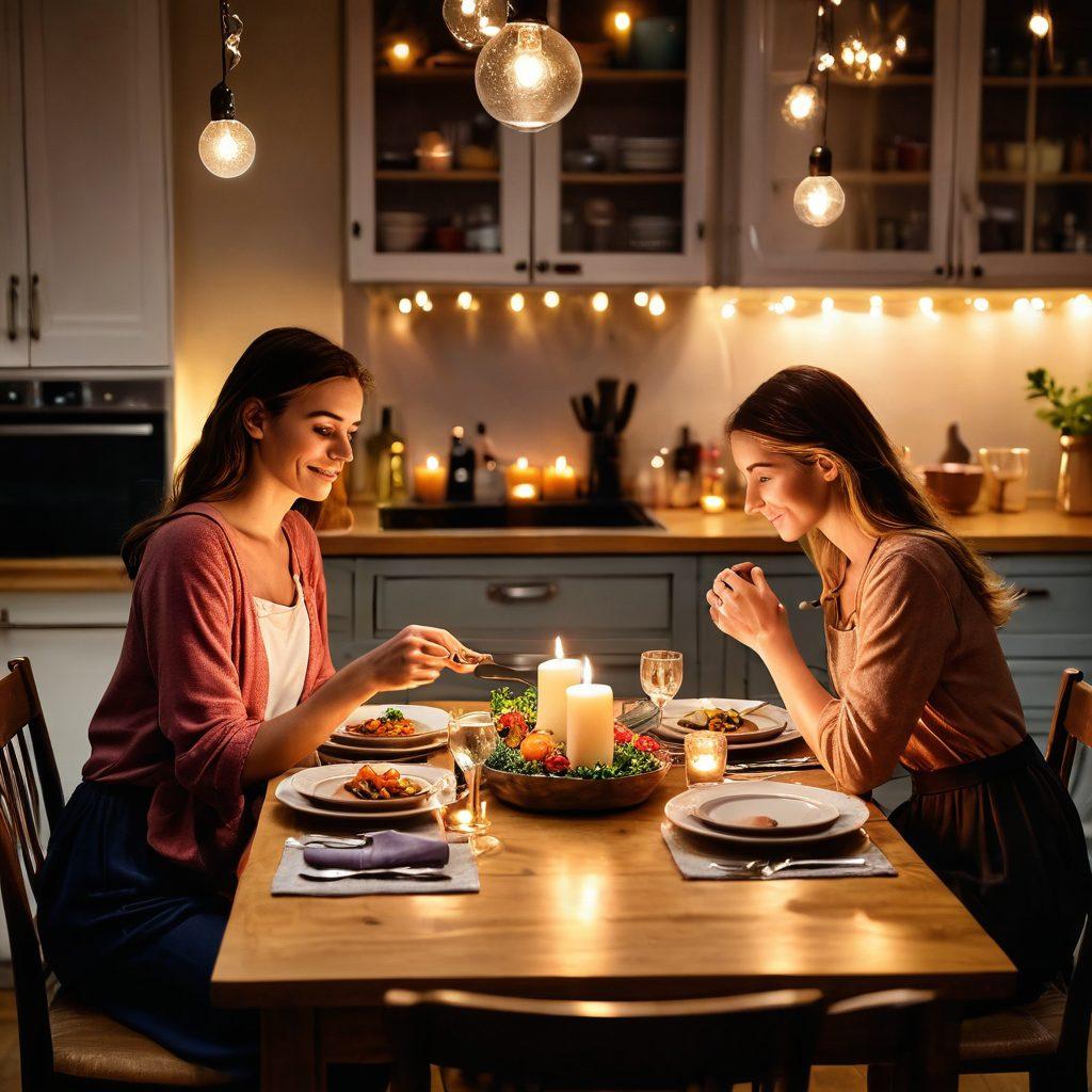 A romantic dinner table set for two, adorned with vibrant dishes and candles, surrounded by twinkling fairy lights in a cozy kitchen. Include hands preparing a meal together, showcasing fresh ingredients, with an intimate atmosphere that evokes warmth and connection. Capture the essence of love and culinary exploration. soft focus. warm colors. super-realistic.