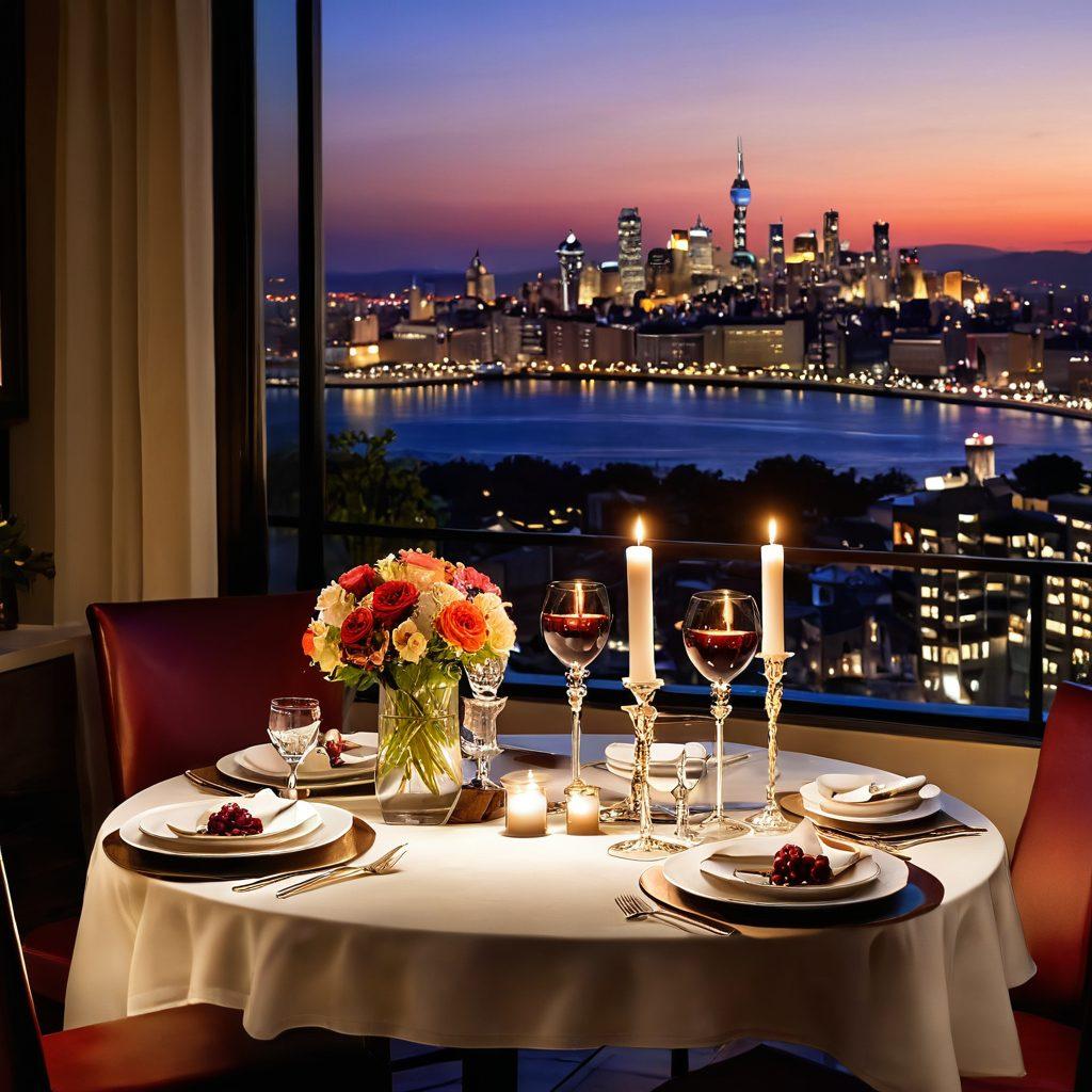 An intimate candlelit dining table set for two, adorned with gourmet dishes that exude elegance and creativity. Soft, warm lighting creates a romantic atmosphere, while a bottle of fine wine and delicate floral arrangements add to the charm. Include a subtle background hint of a city skyline to evoke a feeling of connection and adventure. super-realistic. vibrant colors. warm tones.
