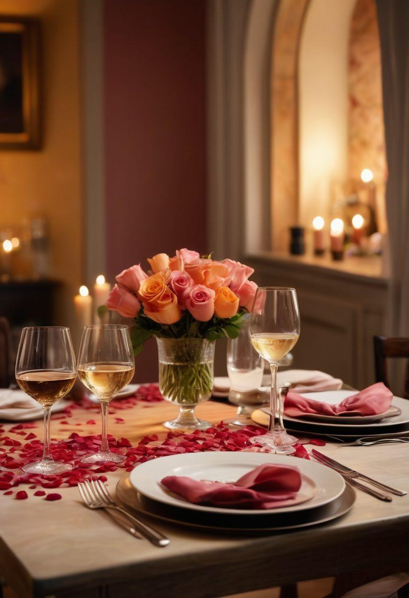 A romantic, candlelit dining table set for two, adorned with gourmet dishes and elegant wine glasses. Soft, dreamy lighting captures a sense of intimacy and warmth, with delicate rose petals scattered across the table. In the background, a cozy atmosphere featuring luxurious textures and plush furnishings, evoking the allure of romance and culinary adventure. super-realistic. warm colors. soft focus.